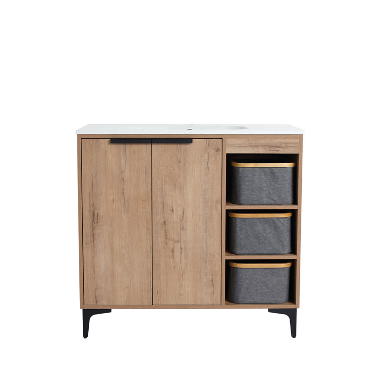 Meuble-lavabo sur pied simple 35,58 po avec plateau en résine et paniers pliables Tonneson