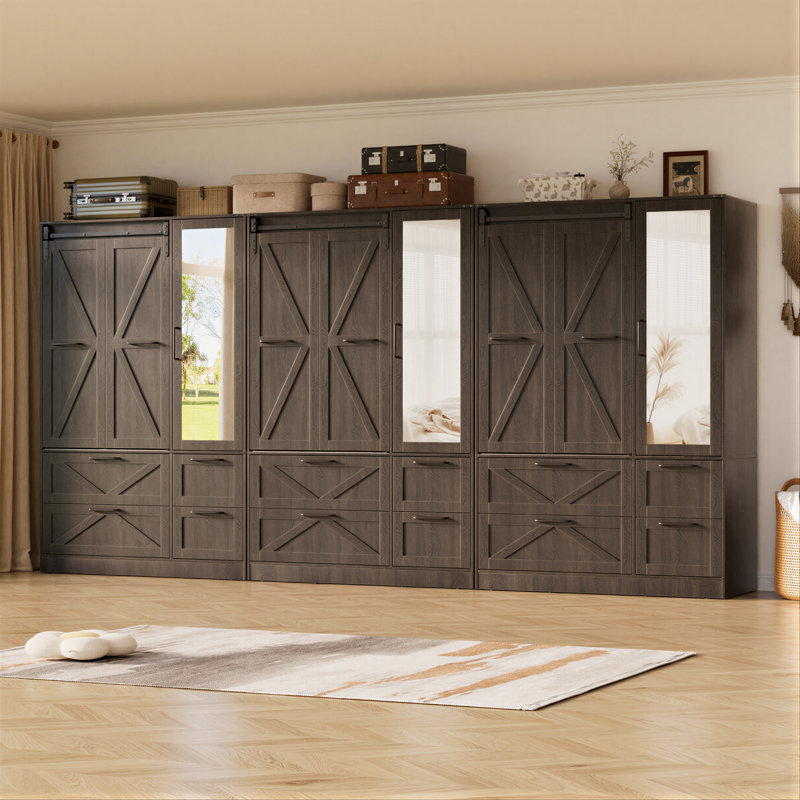 Armoire penderie avec porte de grange coulissante pliante et lumières à capteur (brun, 9 portes), 73" H x 142" W x 20" D