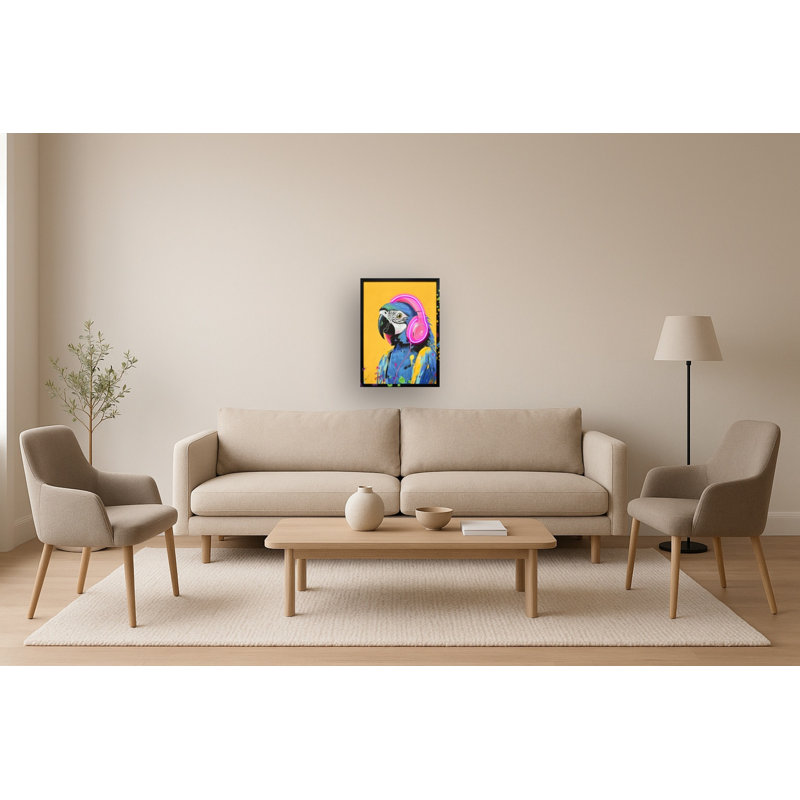 Musical Macaw Neon Art Canvas Neon Wall Art - 21" x 29" - Black Frame