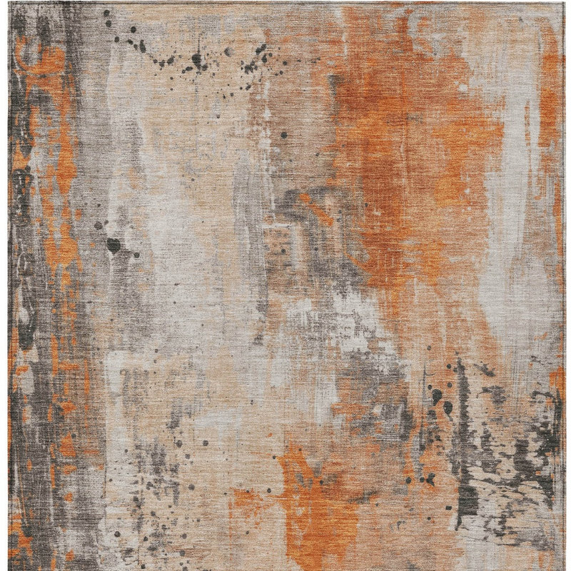 Tapis intérieur/extérieur lavable, abstrait, orange et gris, 3 m x 4,2 m