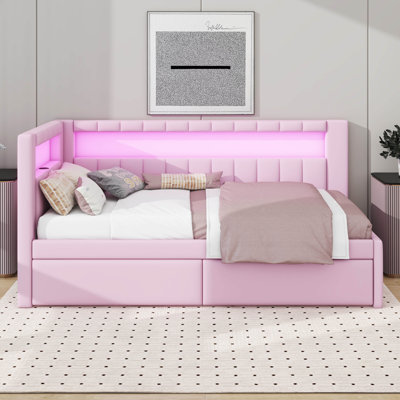 Lit de jour rembourré avec couchette, lit de jour d'angle en bois avec ports USB et DEL