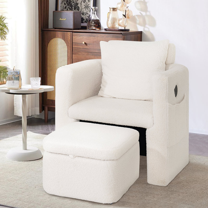 Barrel Accent Chair With Storage Ottoman, White