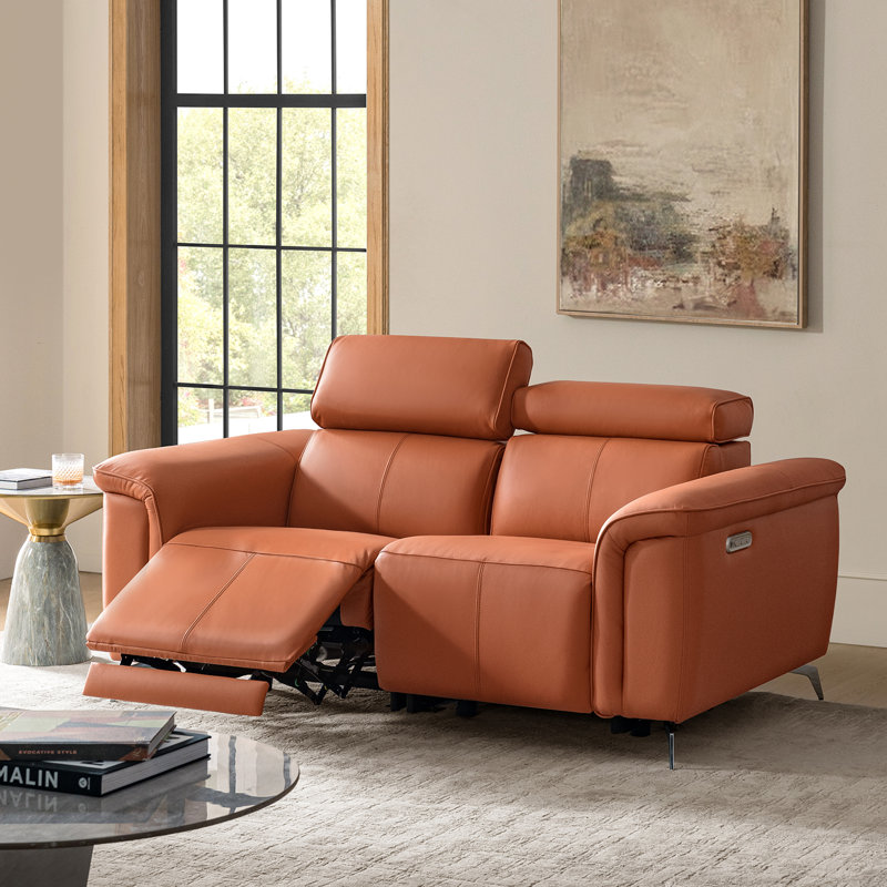 Maltby 67.5" Modern Genuine Leather Power Reclining Loveseat Sofa with Adjustable Headrest, Caramel
