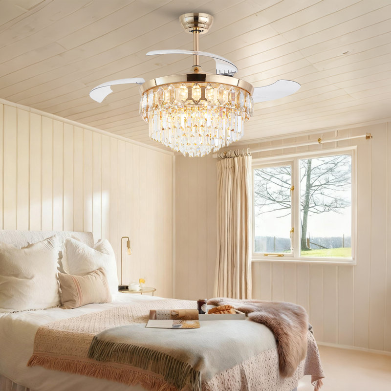 48" Dimmable Crystal Ceiling Fan With Led Lights And Remote Control, Gold with Gold
