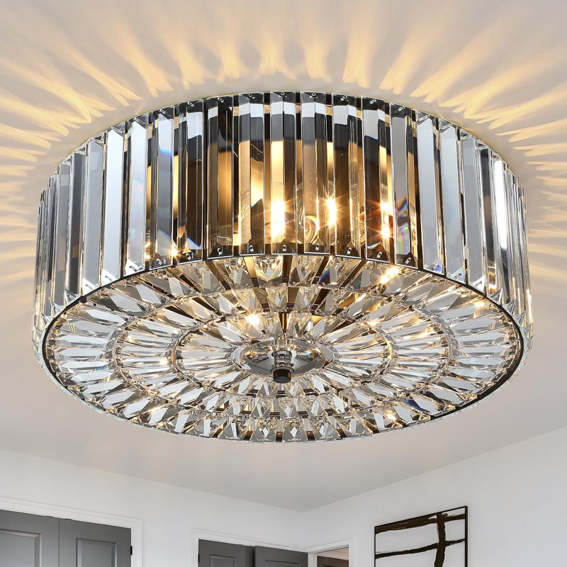 17.5 Inch Flush Mount Crystal Ceiling Light Fixture, Modern Chandelier With K9 Crystals, 4-Light Round Lighting For Bedroom Living Room Hallway Dining Room
