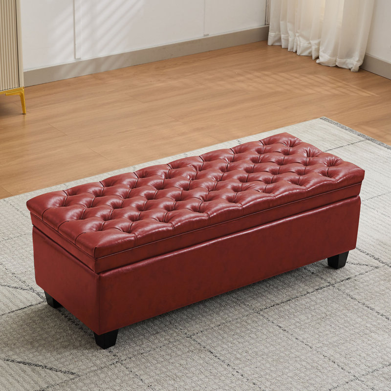 Banc de rangement à couvercle rabattable, recouvert de similicuir, de 126 cm de large, Rouge