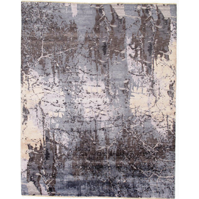 Tapis gris / beige en soie noué à la main