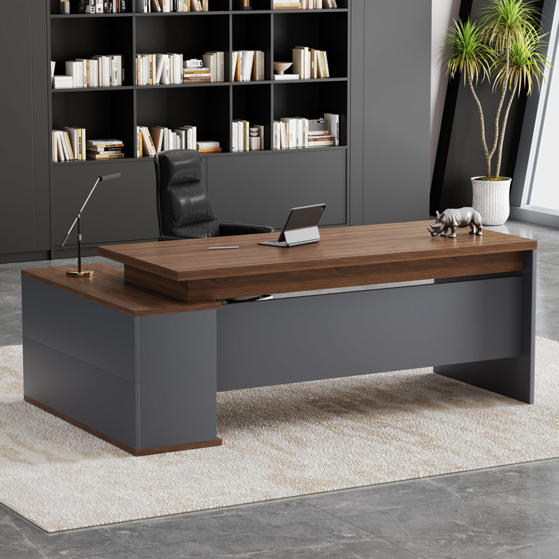 Bureau de direction luxueux et ergonomique avec design en L personnalisable et nombreuses solutions de rangement, Brun / Gris