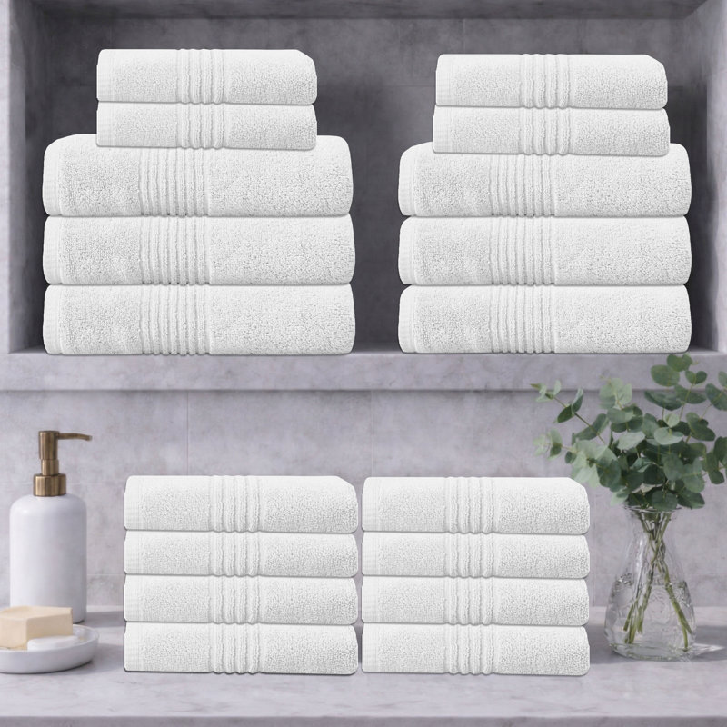 Ensemble de serviettes de bain 100% coton Phoebe 500 g / m² zéro absorbant Home Weavers, 16 po x 24 po (12), 27 po x 54 po (6) (6 serviettes de bain, 12 serviettes de bain), blanc