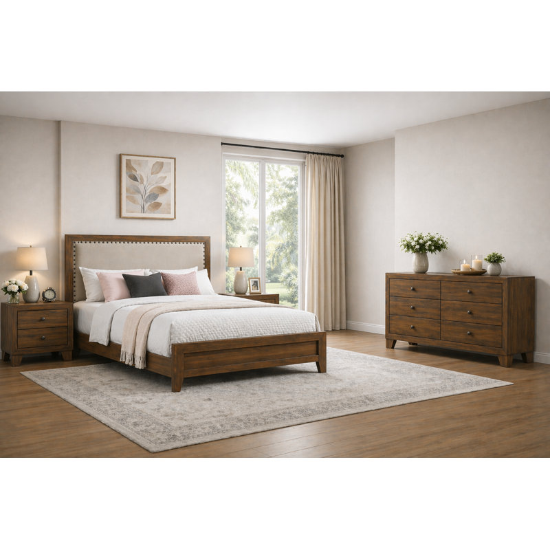 Ensemble de chambre à coucher moderne à panneaux avec tissu brun, 4 Piece, Full