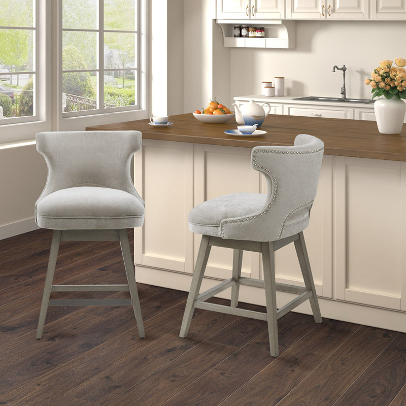 Emmett Garnell 360-degree swivel counter stool with nailheads, Light Gray