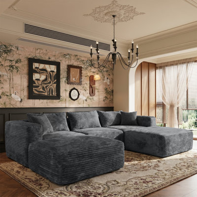 Boneless U-Shaped Cloud Modular Sectional Sofa with 2 Ottomans, Modern Minimalist Corduroy Couch, Deep-Seated Corner Sofa for Living Room – No Assembly Needed