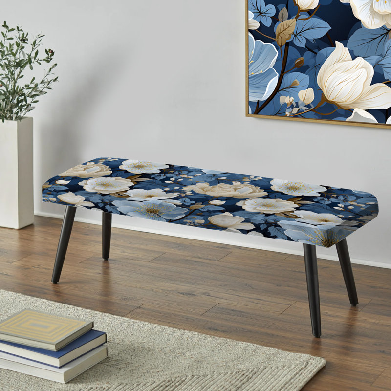 Motif floral de fleurs bleues tranquilles - Banc noir rembourré floral