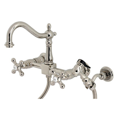 Kingston Brass Heritage Double-Handle 3-Hole Wall-Mount Bridge Kitchen Faucet with Brass Sprayer
