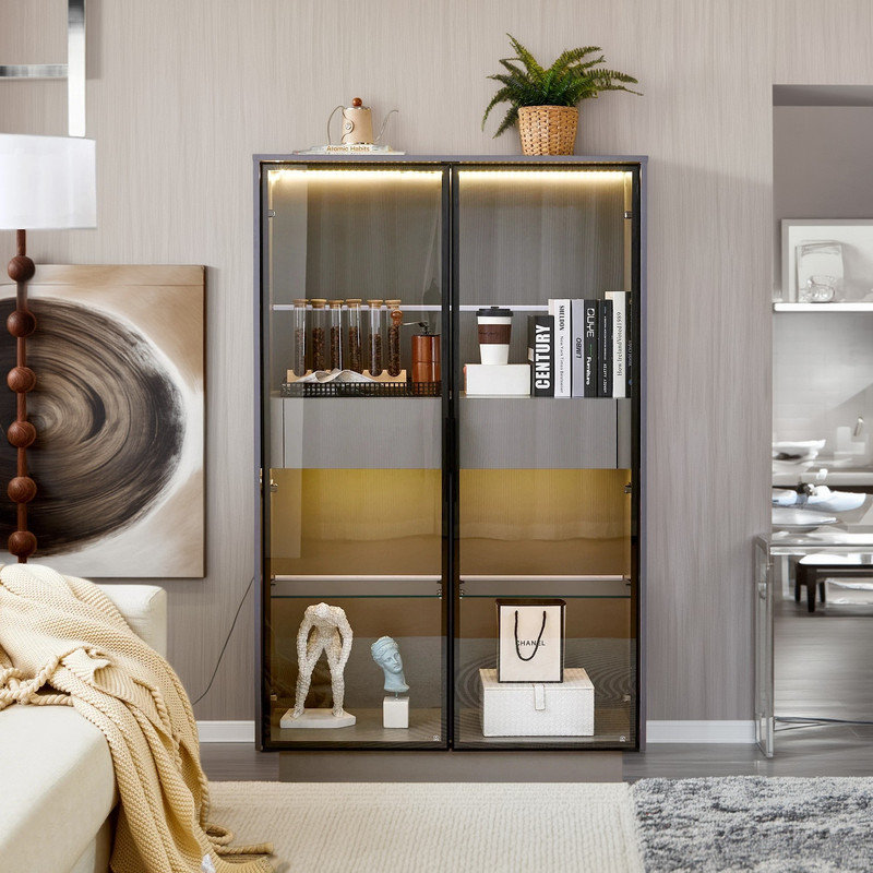Vitrine à DEL de 60,6 po avec porte vitrée et deux tiroirs pour un rangement moderne