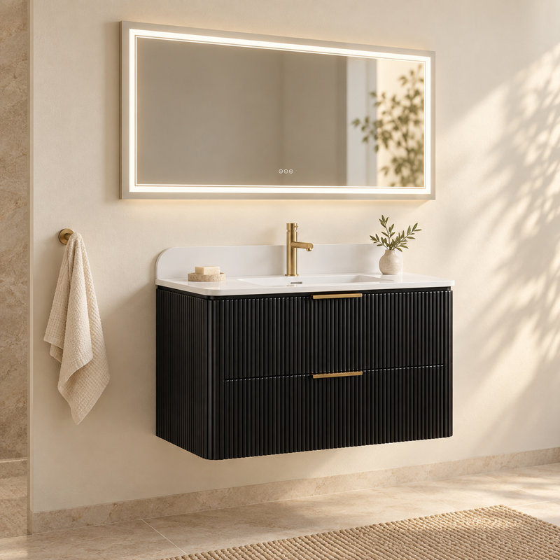 Ensemble de vanité suspendue noire de 76 cm avec lavabo intégré et miroir de courtoisie à DEL de 76 x 140 cm, Black
