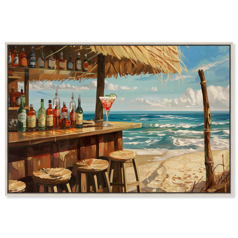 "Drinks at the Beach" Glam Coastal Art par , H 25 po x l 37 po, Cadre flottant argent