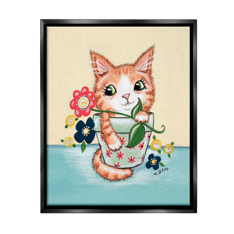 «Kitten In Flower Pot» par Michelle Gilsey sur toile, Cadre flottant noir de jais, H 31 po x l 25 po