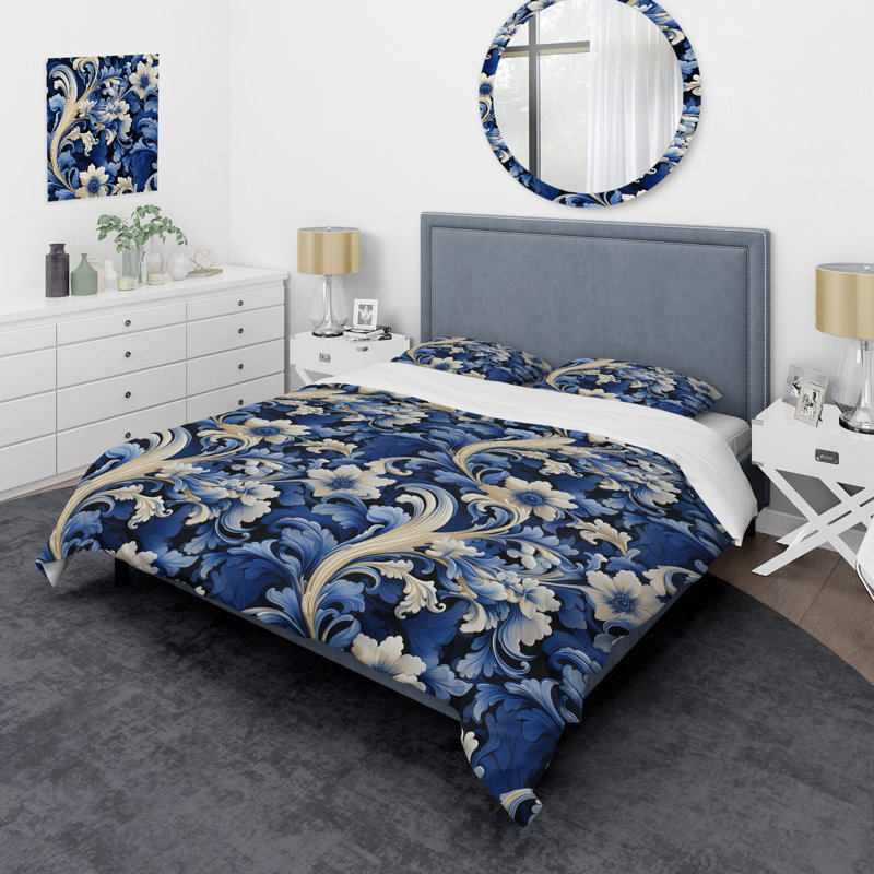 Ensemble de housse de couette V cobalt bleu et blanc à motif floral victorien
