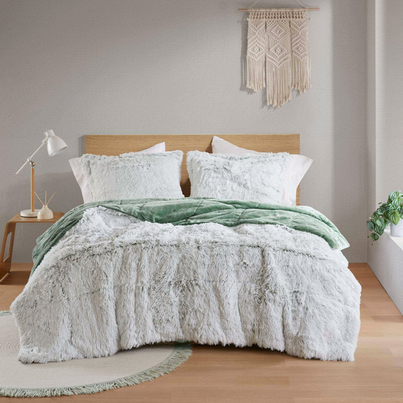 Mini ensemble d'édredon en fausse fourrure à poils longs, Vert/blanc, Édredon double / grand et 2 pièces supplémentai