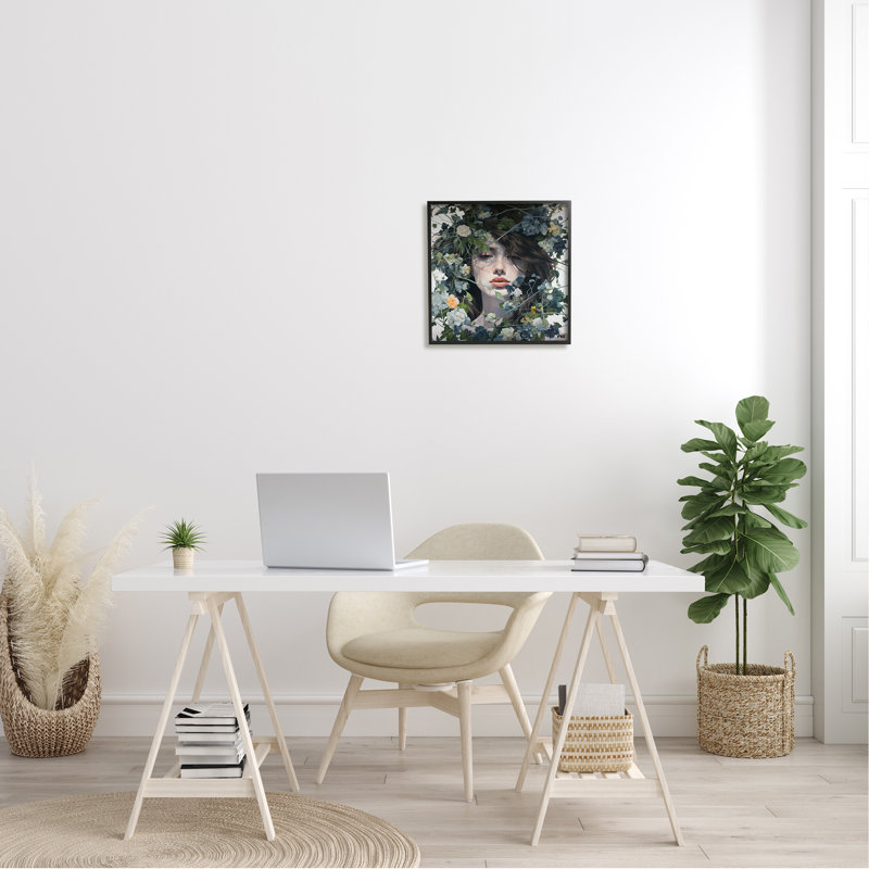 Bb-474-Femme encadrée avec des fleurs vertes, H 17 po x l 17 po x P 1,5 po, Giclée encadrée noir minuit