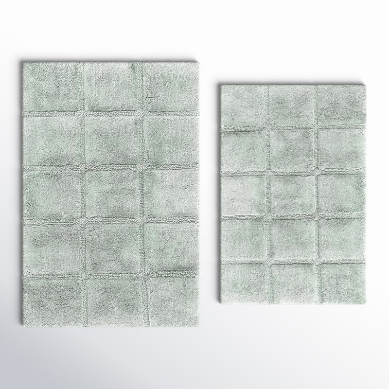 Sandcliff Checkered Cotton Non-Skid Machine Washable 2 Piece Bathroom Rug Set, Checkers Sage