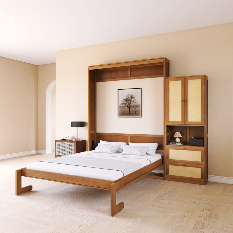 Lit escamotable avec cadre en bois et rotin, Noyer, Grand