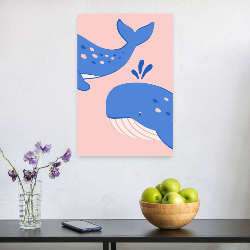 Cute Blue Whales Playful Contemporary Whale Ocean Wall Art Print 1 Piece Wrapped Canvas Wall Art, 60.96cm H x 40.64cm W