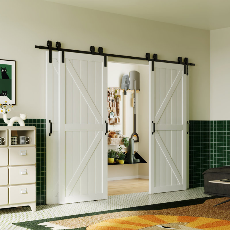 Porte de grange coulissante en forme de K avec ensemble de quincaillerie, 4 panneaux, L 153,14 po x H 84 po