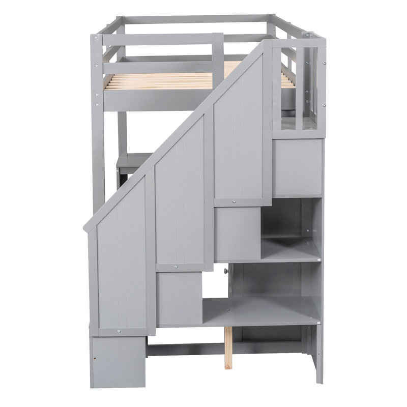 Lit mezzanine simple avec bureau en L et tiroirs, armoire et escalier de rangement, gris