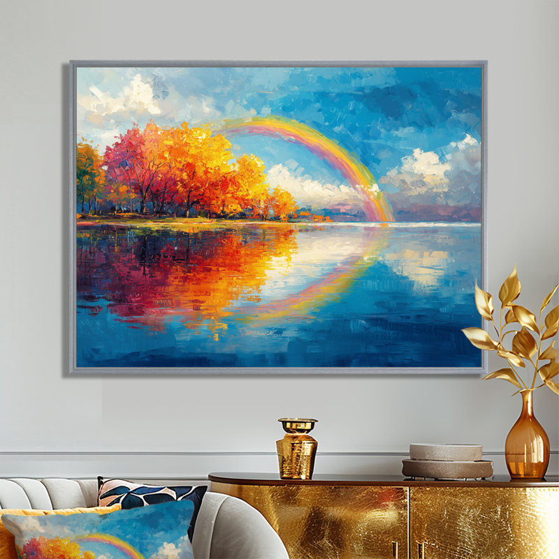 Arc-en-ciel reflété dans le lac - arc-en-ciel, art mural, H 24 po x l 32 po, Encadrement argenté