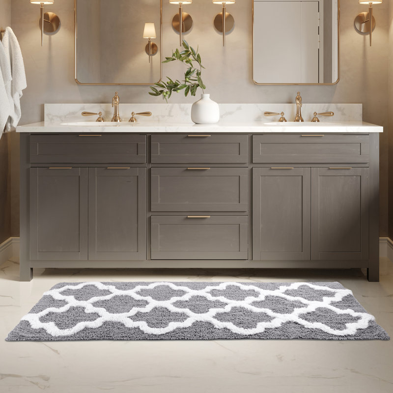Freida 24x60-inch Cotton Bathroom Rug with Trellis Pattern and Non-Slip Base - Machine Washable, Silver