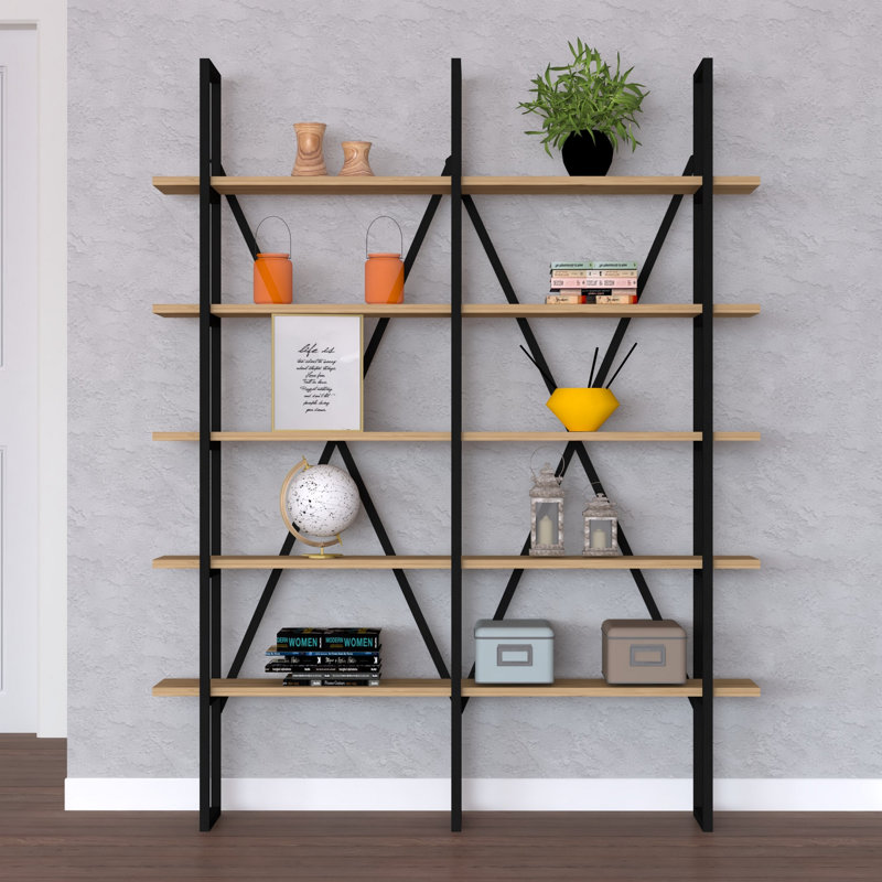 Bibliothèque moderne et industrielle, saphir et noir, 49,6 po x 63,0 po x 10,2 po | 100% panneau de particules enduit de mélamine et structure en métal, peinture séchée au four | Nombreuses tablettes murales, parfaites pour les solutions de rangement élégantes
