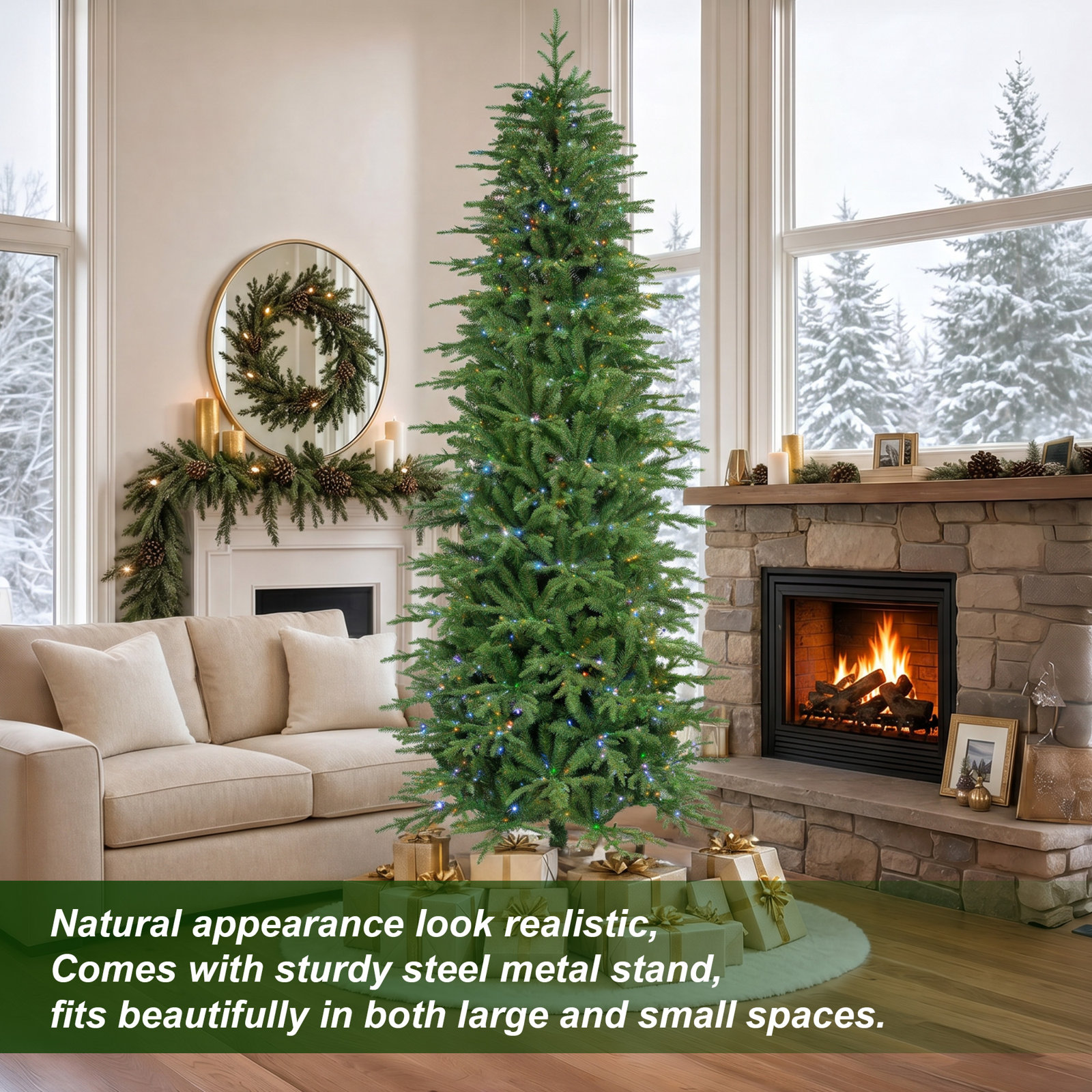Pre-Lit Green Slim Fir Artificial Christmas Tree – Warm White & Multi-Color Chasing & Twinkling Lights, Functions with Foot Pedal & Remote, Simple Setup