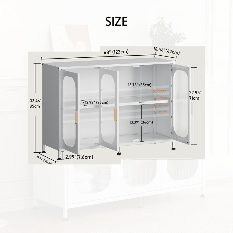 Buffet 48 po en métal, 3 portes, réglable, blanc, Blanc