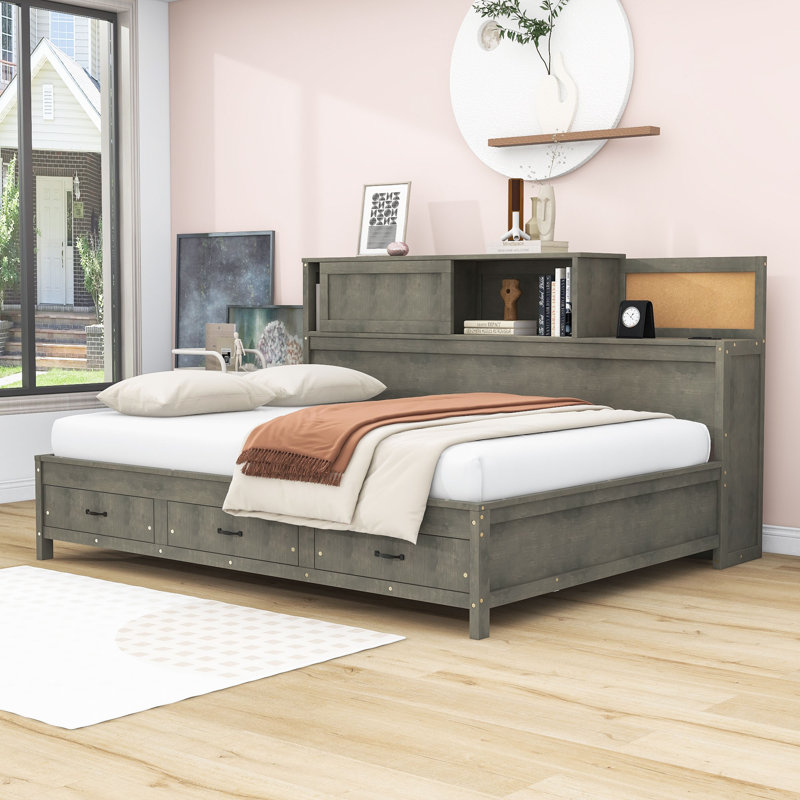 Lit plateforme avec 3 tiroirs Leaty, Complète, gris