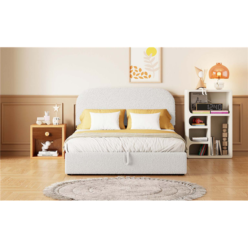 Lit plateforme tapissier Teddy, Lit double, Blanc