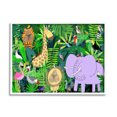Illustration safari ludique d'animaux dans la jungle verte