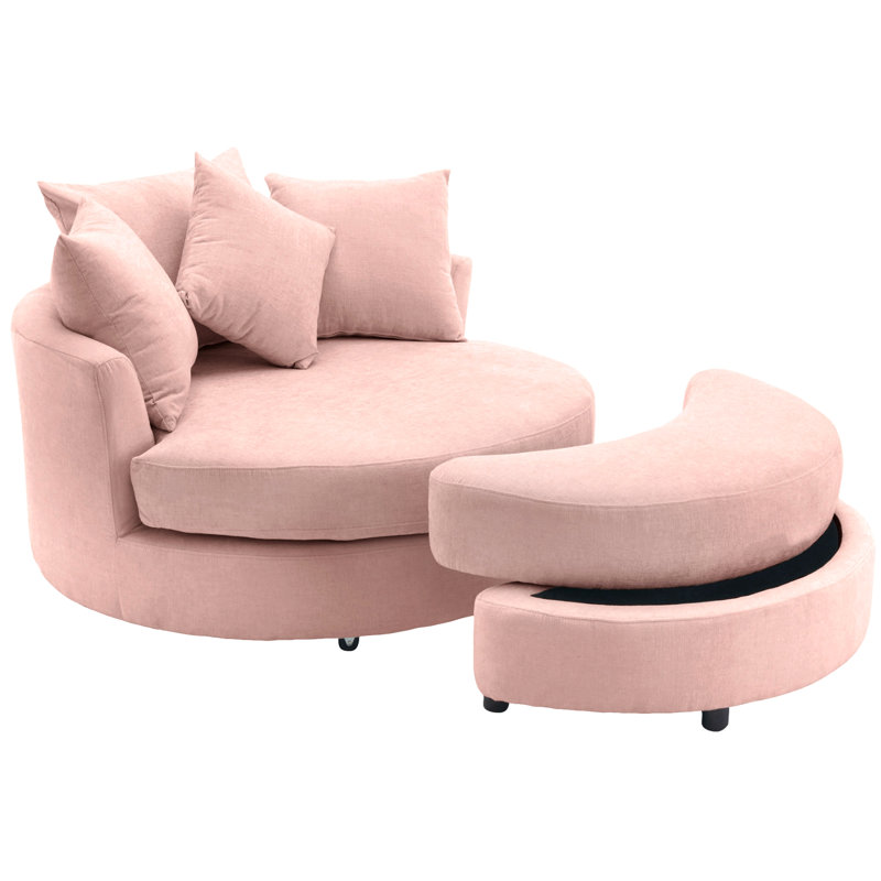 Fauteuil demi-tonneau pivotant à 360 ° avec repose-pieds avec rangement et 4 coussins, fauteuil de loisirs moderne en chenille pour salon