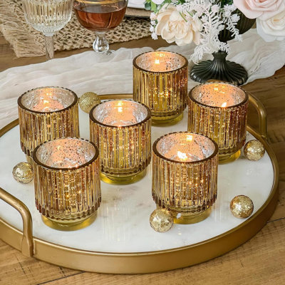 Vintage Fluted  Glass Votive Candle Holders And Tea Lights Candles -  Candle Holders Set Of 6 For Boho Home Decor, Kitchen Shelf And Bookshelf Decor, Rustic Table Decorations