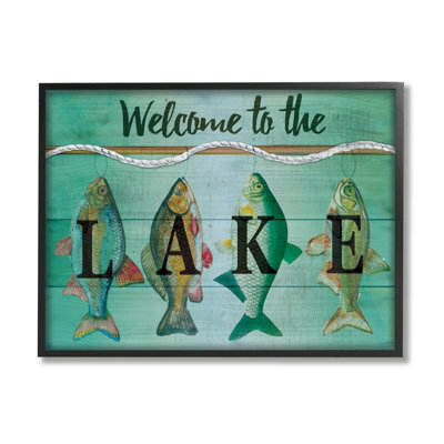Stupell Industries Welcome Lake Nautical Fishing Rope By Nd Art - Floater Frame Graphic Art On Wood In Midnight Black Framed Giclee