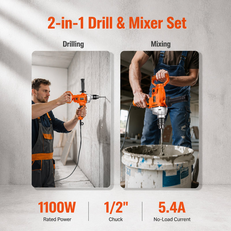 Ensemble de mélangeur à perceuse électrique à cordon avec mandrin de 1/2 pouce, 0-850 tr / min, poignée en D