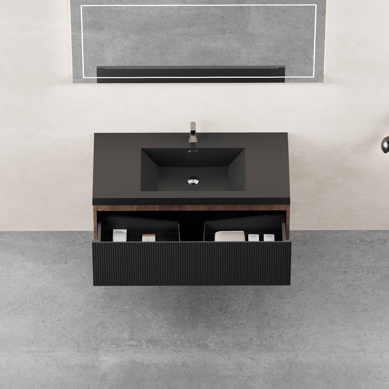 Meuble-lavabo mural avec lavabo à surface solide, Noyer, 42", Noir