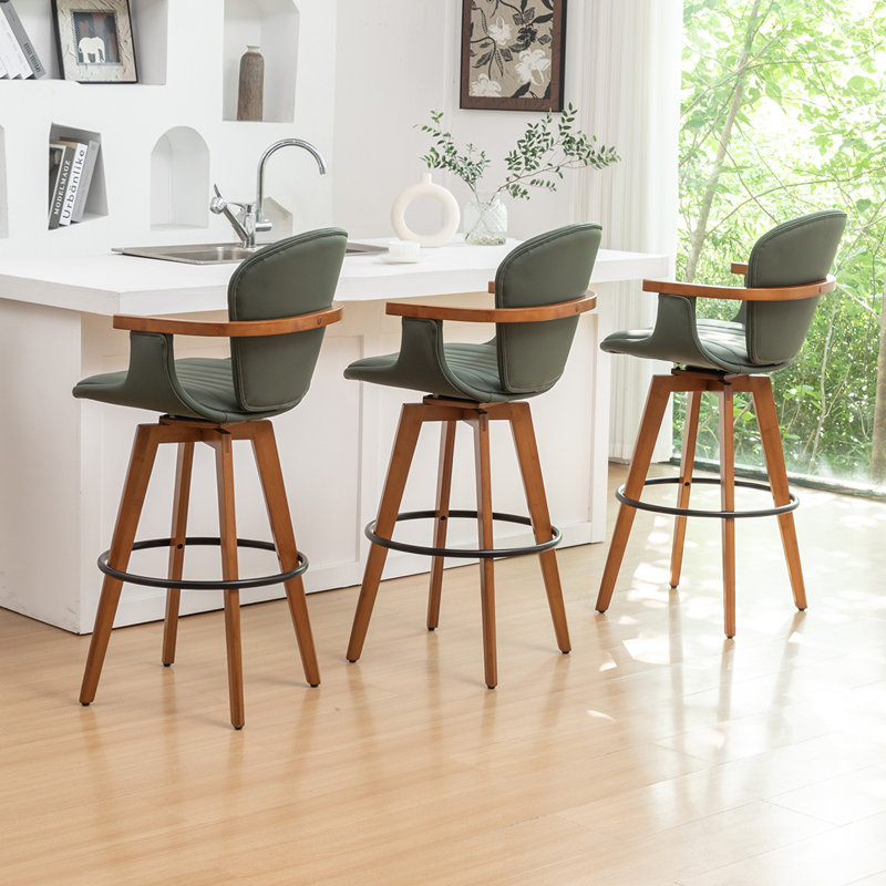 Karez 360° Swivel Bar Stools With Bamboo Legs (Set Of 3), Green, Bar Stool (30” Seat Height)