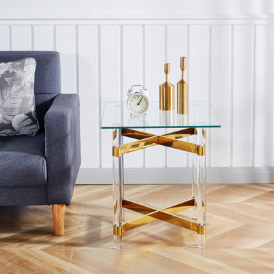 Table de bout en acier inoxydable doré avec cadre en verre transparent