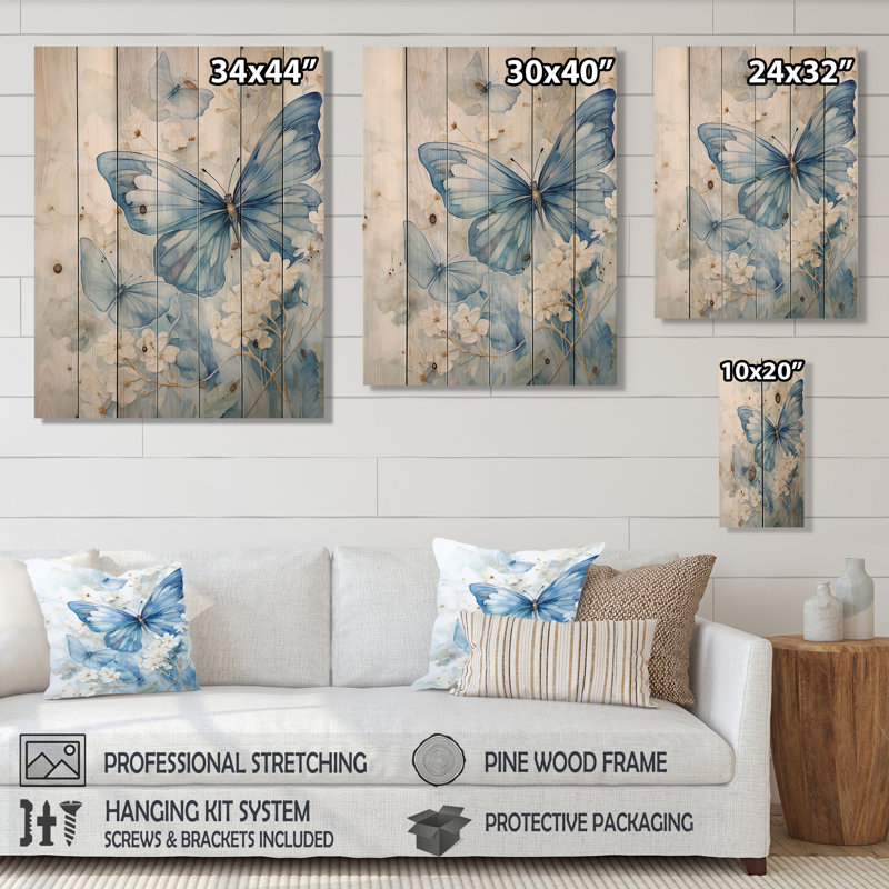 «Blue Butterfly Whispering Wings II» sur impression sur bois, H 32 po x l 24 po x P 0,78 po