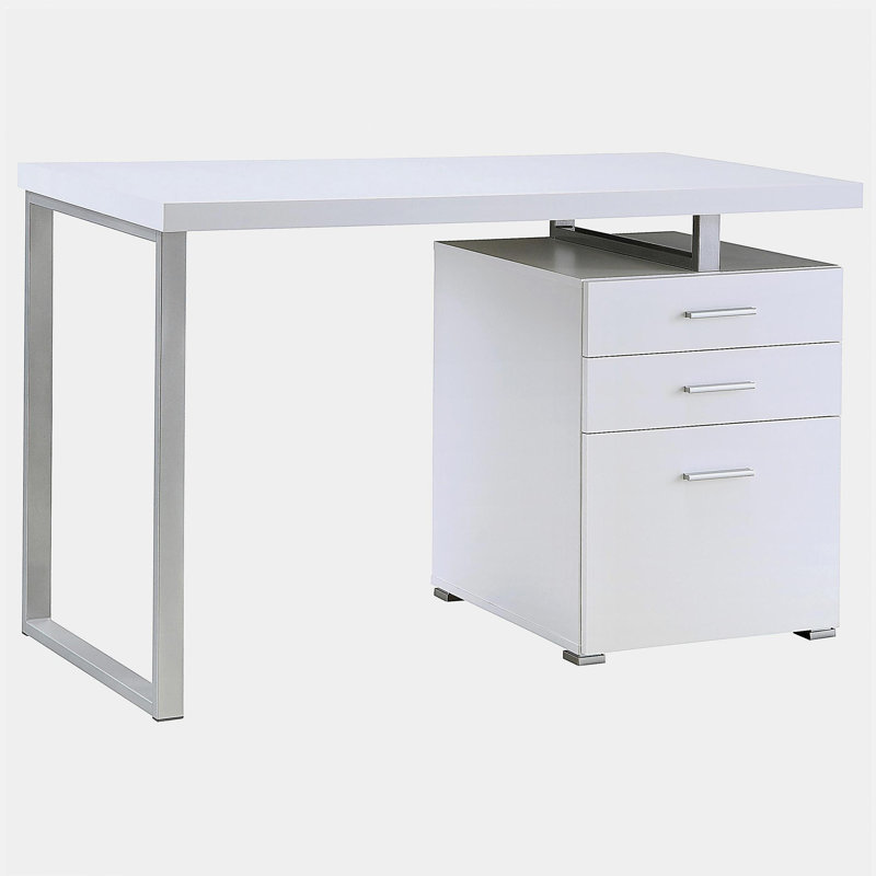Bureau blanc réversible à 3 tiroirs, Blanc / argenté