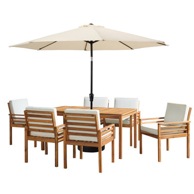 Arjay 8 Pc Patio Dining Set Wood One 63" Table Chairs With Cushions And 1 10-Foot Tilt Umbrella by Wade Logan