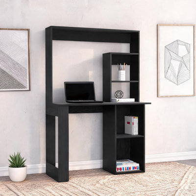 Bureau d'ordinateur en bois d'ingénierie noir mat avec huche et tablettes ouvertes pour le bureau à domicile ou le bureau, conception rectangulaire peu encombrante