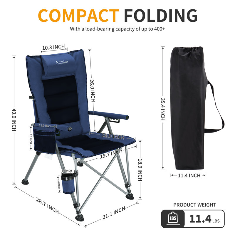 Folding Camping Chair With Cup Holder And Storage Bag, Heavy Duty Support 500 LBS, Oversized Collapsible Portable Adjustable Back Support Camping Chair For Outdoor Lawn Patio Balcony